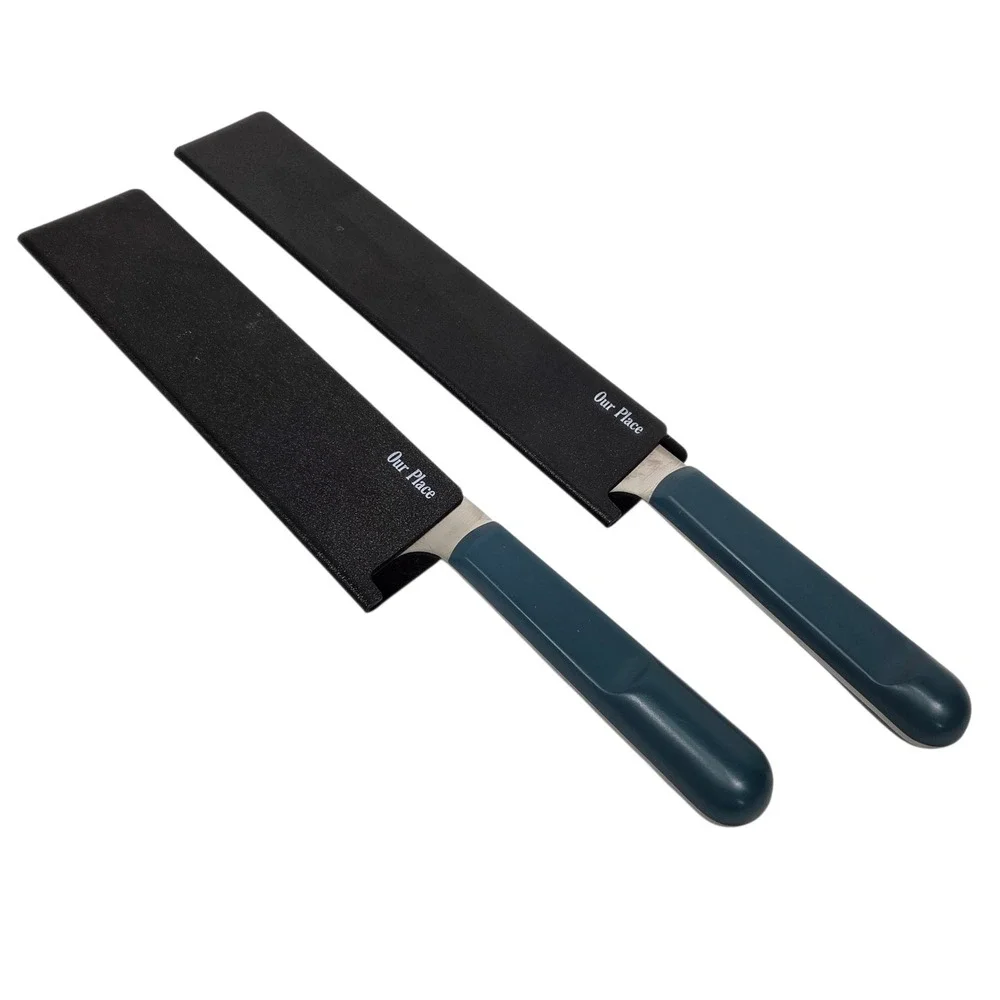 Vtg Our Place Knife Set 2pc Blue Salt Chef & Serrated Bread Knives with Sheaths